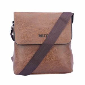 Textured crossbody bag with flap closure and logo detail.