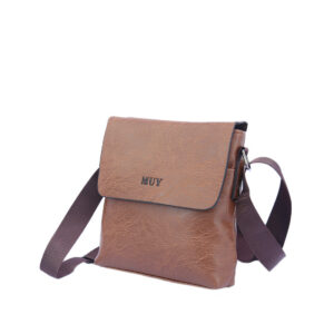 Textured crossbody bag with flap closure and logo detail.