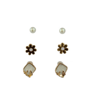 Set x3 pearl, flower and square stud