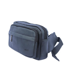 Textured crossbody bag with front zip pockets and logo detail.