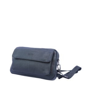 Textured crossbody bag with front flap pocket and logo detail.