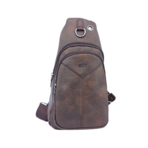 Textured sling bag with zip compartments and metal ring detail.