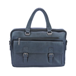 Textured shoulder bag with top handles, front buckled pocket, and zip closure.