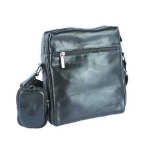 Brown leather messenger bag with mini pouch