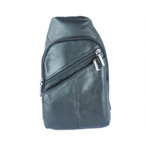 A brown leather sling bag with multiple zippers.