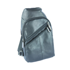 A brown leather sling bag with multiple zippers.