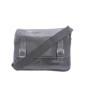 A brown leather satchel with buckle closures