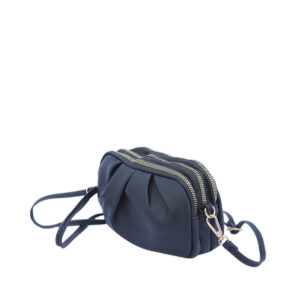 Textured crossbody bag with pleated design and double zip closure.