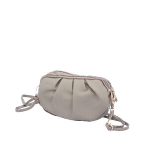 Textured crossbody bag with pleated design and double zip closure.