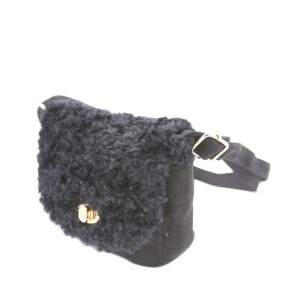 Small purse with a fluffy, faux fur flap and a gold clasp