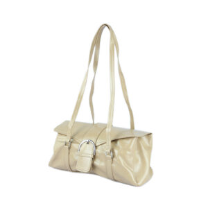 Shiny patent leather shoulder bag with buckle flap closure