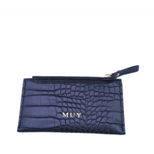 Croc-embossed card holder with ID window and zip pocket.