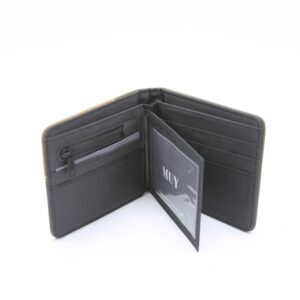 Men?s wallet with textured design and contrast detail.