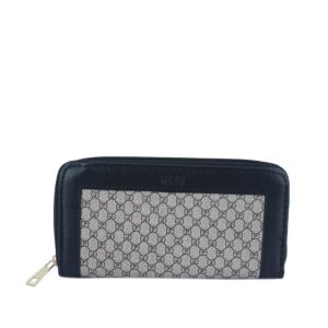 A zippered wallet with a repeating logo pattern.