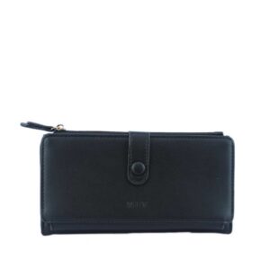 A long wallet with a front flap and snap closure.