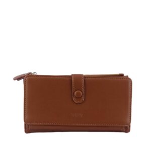 A long wallet with a front flap and snap closure.