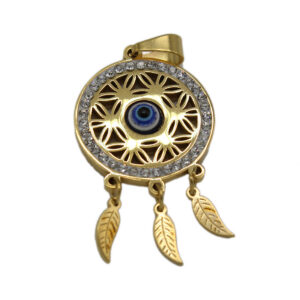 stainless steel pendant with a central blue evil eye