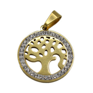 gold-colored, circular pendant with a tree-of-life cutout design