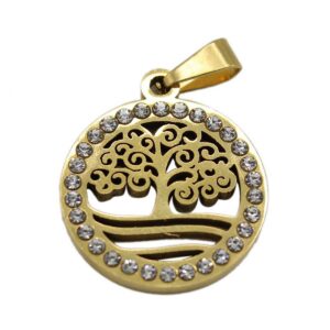 circular pendant featuring a tree-of-life cutout design