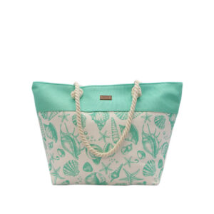 Printed beach tote with rope handles.