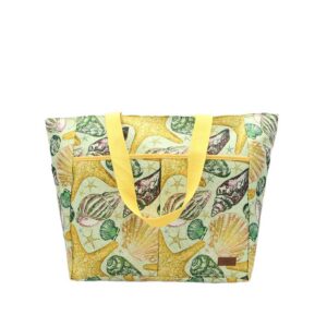 Printed beach tote with shoulder handles.