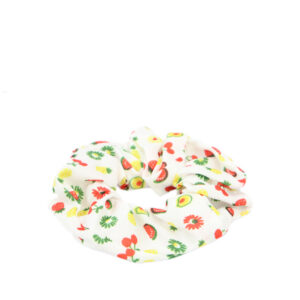 Printed fabric scrunchie with elastic hold for everyday styling.
