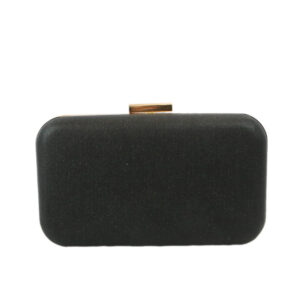 Structured hard case clutch bag with smooth finish and secure clasp closure for formal and evening wear.