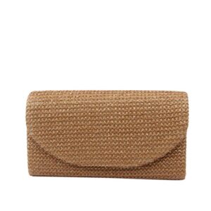 Textured clutch bag with flap closure and chain strap for casual and evening wear.