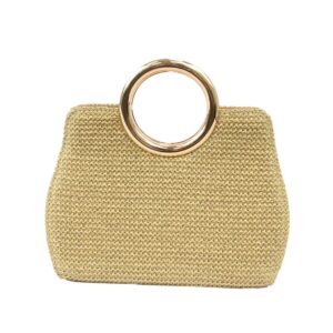 Woven clutch bag with round metal handle detail, ideal for casual and occasion wear.