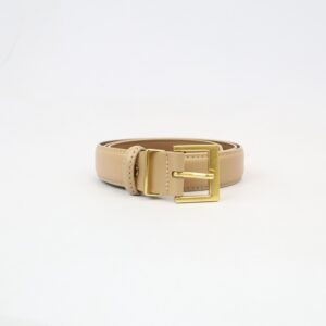 Metal womens belt with structured design and bold buckle detail.