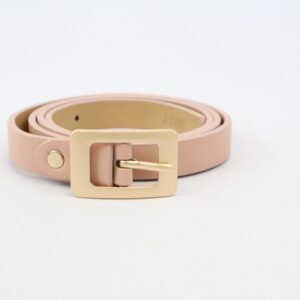 Slim womens belt with square metal buckle and adjustable fit for everyday wear.