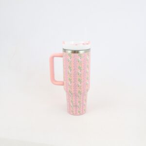 Stainless steel travel mug with handle, flip lid and floral print design for everyday use.