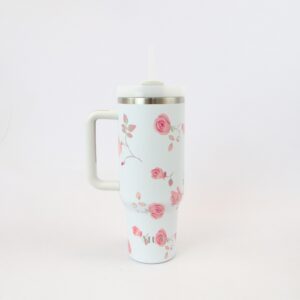 Stainless steel travel mug with handle, flip lid and floral print design for everyday use.