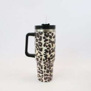 Printed insulated travel mug with handle and clear lid for everyday drinks.