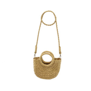 Crossbody bag with woven straw design, rounded silhouette and structured top handles for casual everyday use.