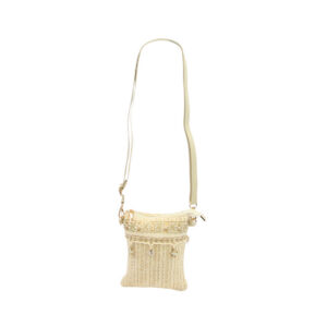 Crossbody bag with woven straw design, lace and sequin detailing, shell charms and secure zip closure for casual summer use.