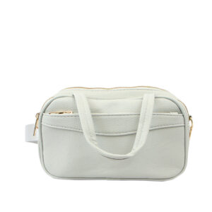 Handbag with structured compact design, double top handles and zip closure for everyday use.