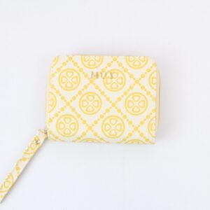 Patterned zip around compact wallet with multiple card slots and coin pocket.