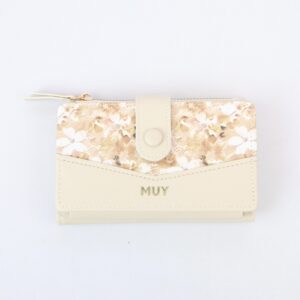Floral pattern flap wallet with snap button closure and zip coin pocket.
