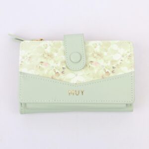 Floral pattern flap wallet with snap button closure and zip coin pocket.