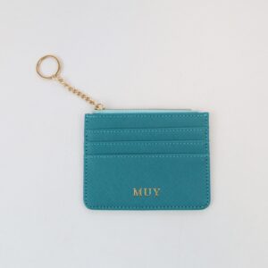 Slim card holder with zip coin pocket and multiple card slots.