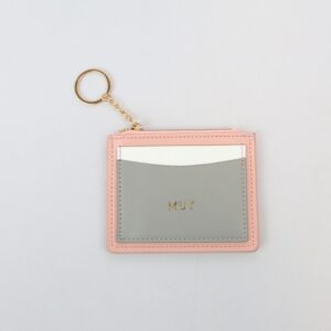 Slim card holder with zip coin pocket and keyring chain attachment.