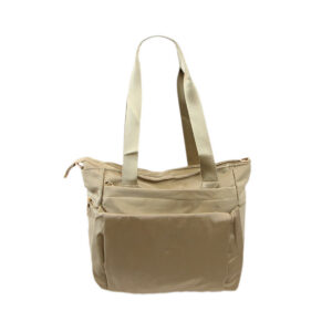 Shoulder bag with soft fabric body, zip compartments and adjustable strap for everyday use.