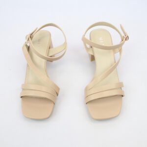 Strappy heel sandals with buckle ankle strap and square toe design.
