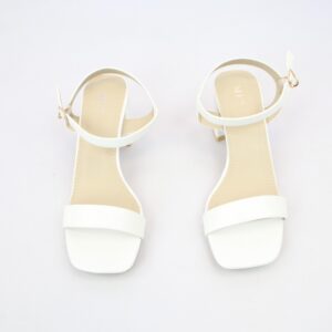 Strappy heel sandals with buckle ankle strap and square toe design.