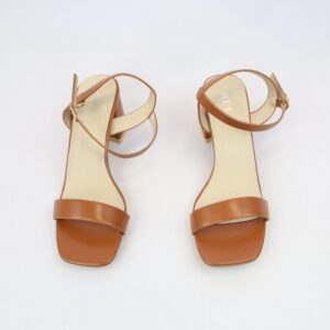 Strappy heel sandals with buckle ankle strap and square toe design.