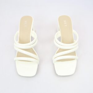 Open toe heel sandals with multi strap design and square toe style.