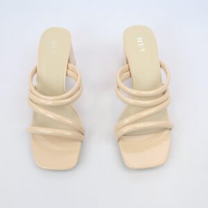 Open toe heel sandals with multi strap design and square toe style.