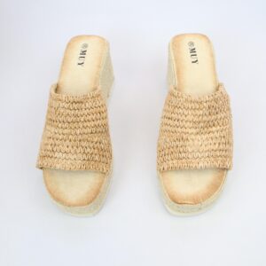 Woven strap wedge sandals with open toe design and textured upper.