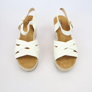 Cross strap wedge sandals with contrast stitch detail and slingback strap.